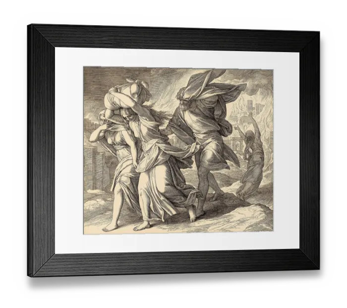 Framed Print : Lot and his family fleeing from burning Sodom and Gomorrah