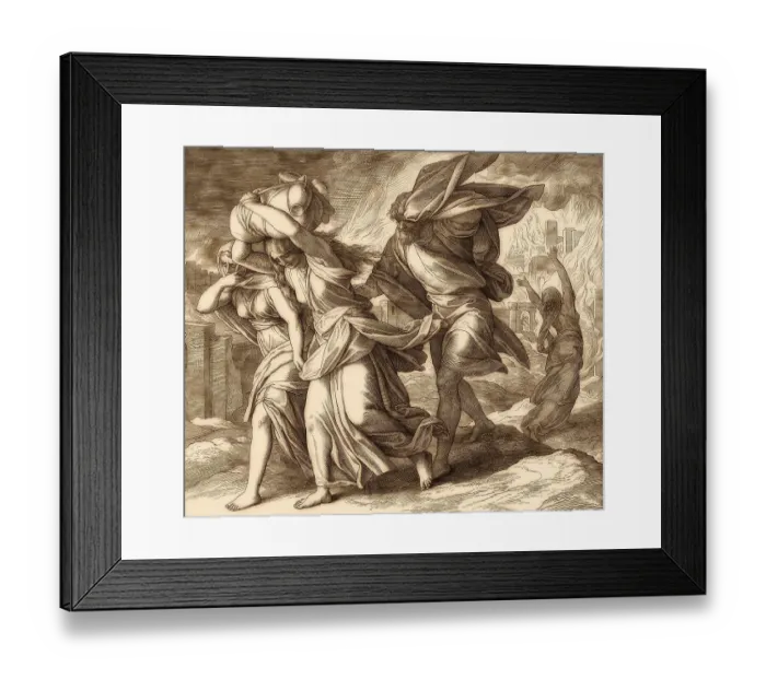 Framed Print : Lot and his family fleeing from burning Sodom and Gomorrah
