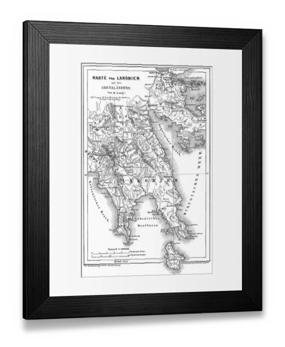 Framed Print : Map of Laconia, a historical and administrative region of Greece