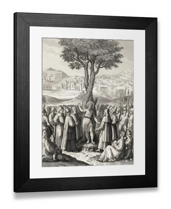 Framed Print : John the Baptist tells people about Jesus at the Jordan