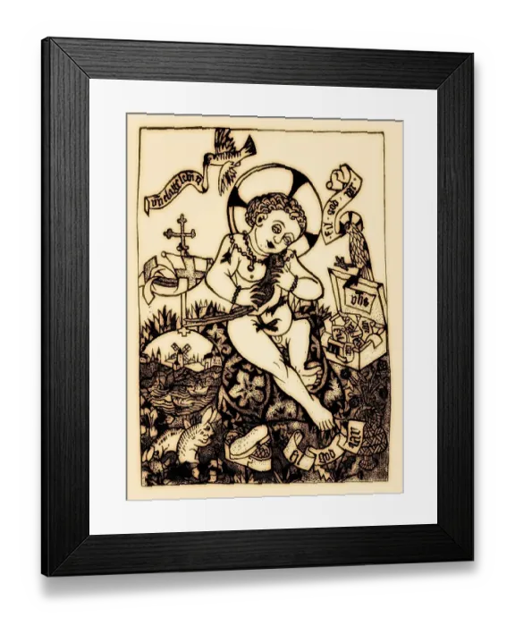 Framed Print : The Christ-child with a bird, New Year Greeting Framed Print : The Christ-child with a bird, New Year Greeting