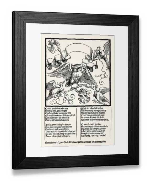 Framed Print : Owl fight with other birds, leaflet about hate and envy by Albrecht Duerer and Hans Sachs