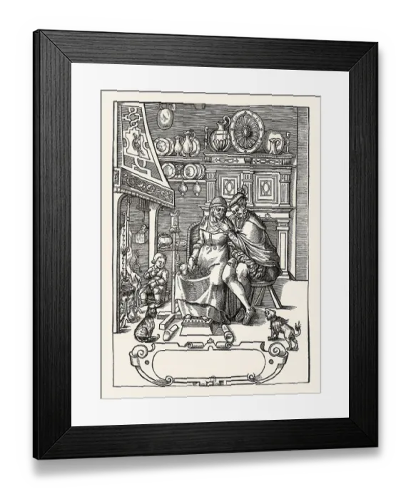 Framed Print : Interior of a room with a young man courting for a rich old widow Framed Print : Interior of a room with a young man courting for a rich old widow