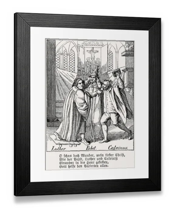 Framed Print : Caricature of the disputes between Martin Luther and Johannes Calvin Framed Print : Caricature of the disputes between Martin Luther and Johannes Calvin