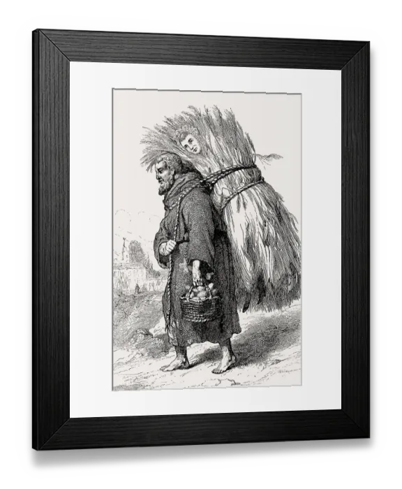 Framed Print : Monastery provisions, caricature depicting a monk fetching supplies