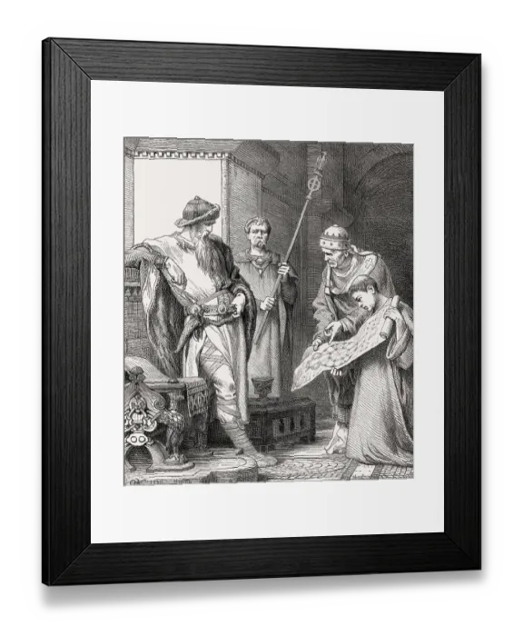 Framed Print : Odo of Metz showing a plan of the Palace of Aachen to Charlemagne Framed Print : Odo of Metz showing a plan of the Palace of Aachen to Charlemagne
