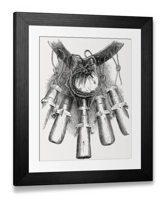 Framed Print : 17th century bandolier, strap attached with powder charges and bulletbag Framed Print : 17th century bandolier, strap attached with powder charges and bulletbag