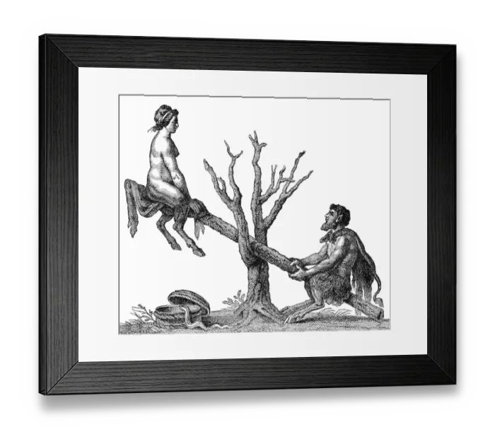 Framed Print : Caricature of Adam and Eve on a seesaw as devils