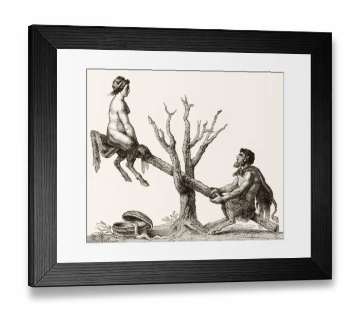 Framed Print : Caricature of Adam and Eve on a seesaw as devils Framed Print : Caricature of Adam and Eve on a seesaw as devils