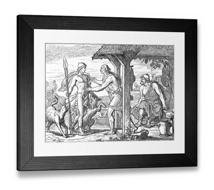 Framed Print : Odysseus sits by the fire as Eumaeus discovers Telemachus at the entrance of his hut Framed Print : Odysseus sits by the fire as Eumaeus discovers Telemachus at the entrance of his hut