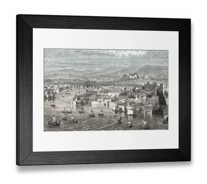 Framed Print : Reconstruction of the Long Walls connecting Athens to its port at Piraeus in ancient Greece