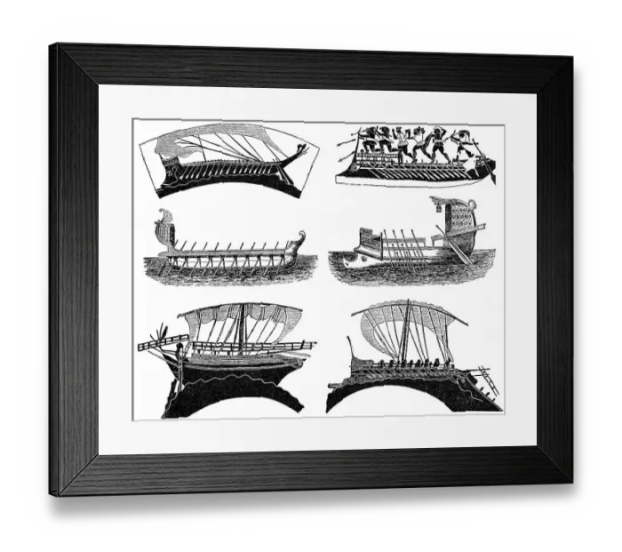 Framed Print : Types of Roman and Greek ships in Ancient times
