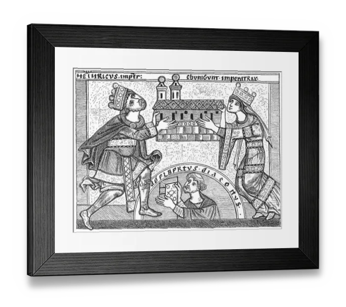 Framed Print : King Henry II and his wife Saint Cunigunde of Luxembourg founding the Bamberg Cathedral