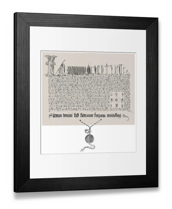 Framed Print : Facsimile of a certificate with the Golden Bull by Louis IV