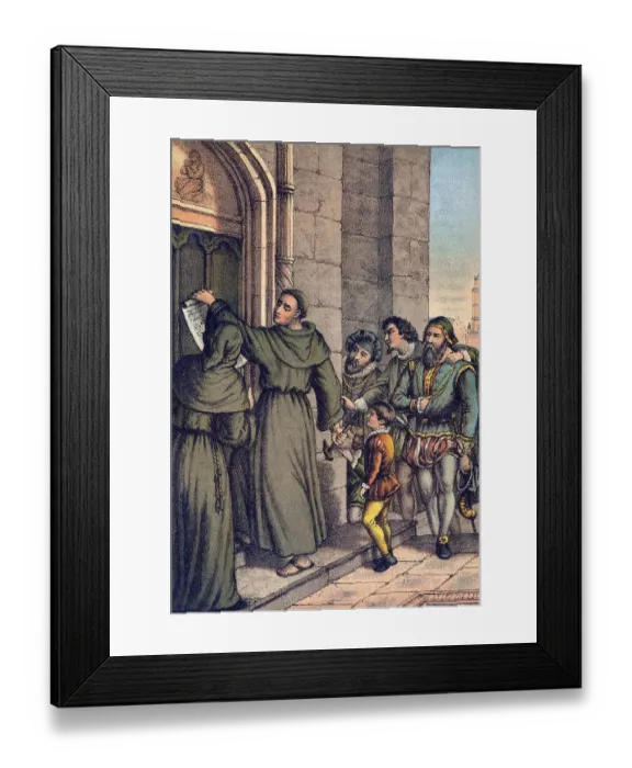 Framed Print : Martin Luther nailing his 95 theses on the door of the castle church of Wittenberg Framed Print : Martin Luther nailing his 95 theses on the door of the castle church of Wittenberg