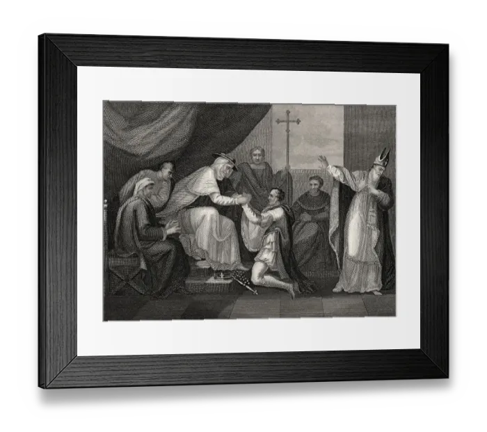 Framed Print : Koenig Johann kniet vor dem paepstlichen Legaten Kardinal Pandulf Verraccio