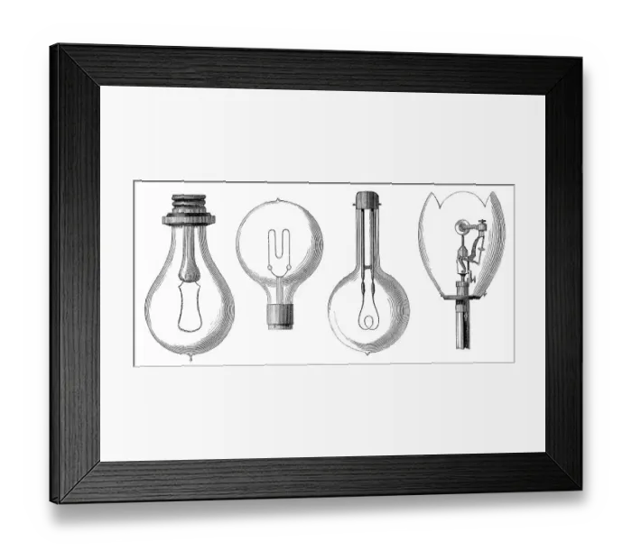 Framed Print : Gluehbirnenmodelle von Edison, Maxim Framed Print : Gluehbirnenmodelle von Edison, Maxim