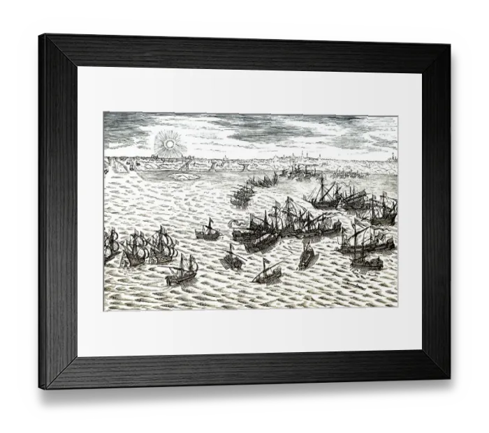 Framed Print : Historic drawing, naval battle between the Netherlands and Spain during the Eighty Years War