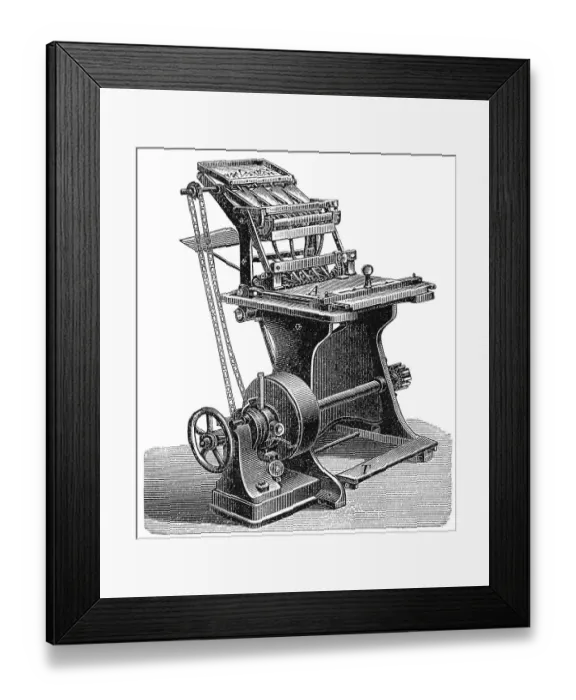 Framed Print : Historical illustration, nailing machine for the production of wooden boxes
