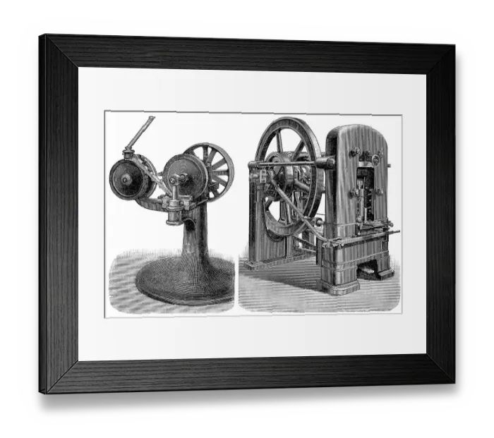 Framed Print : Historical illustration, machine for coin production