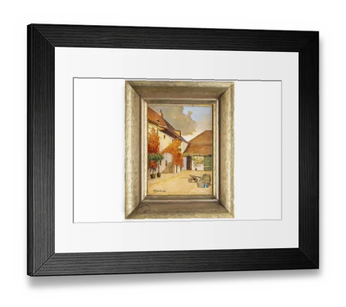Framed Print : Historical painting of an autumnal courtyard with rural architecture by Carl Wenzel Zajicek