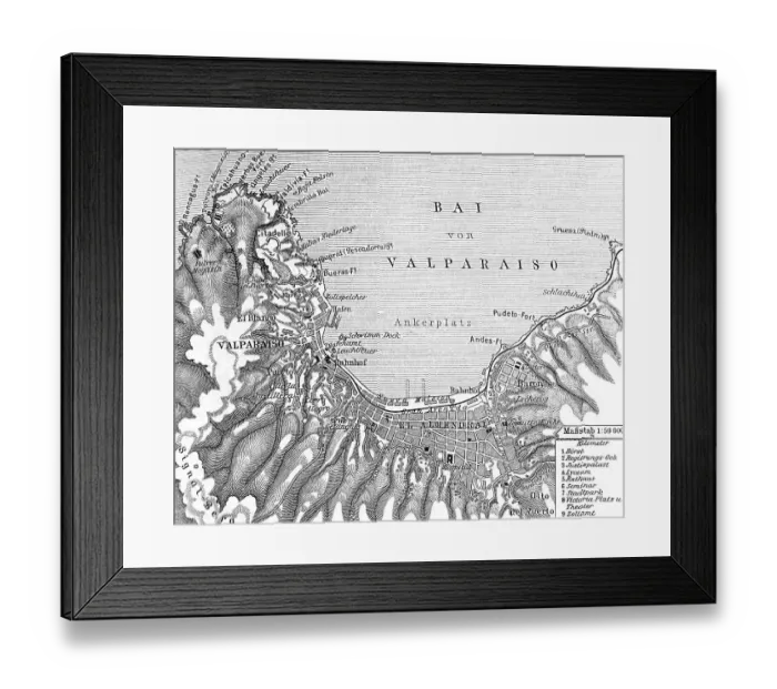 Framed Print : Map of Valparaiso, Chile, historical illustration