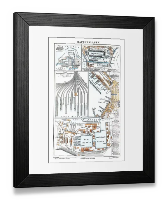 Framed Print : Wallchart of docks, illustration from Meyers Konversationslexikon Framed Print : Wallchart of docks, illustration from Meyers Konversationslexikon