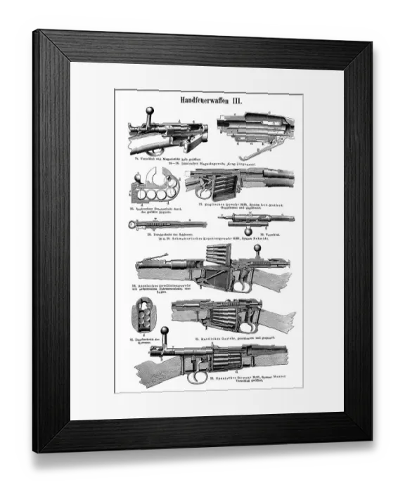 Framed Print : Wallchart of handguns, illustration from Meyers Konversationslexikon