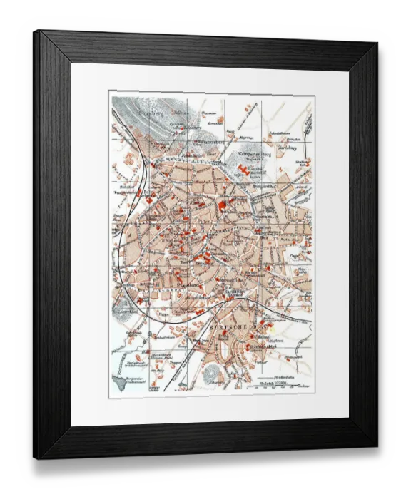 Framed Print : Map of Aachen, an illustration from Meyers Konversations-Lexikon