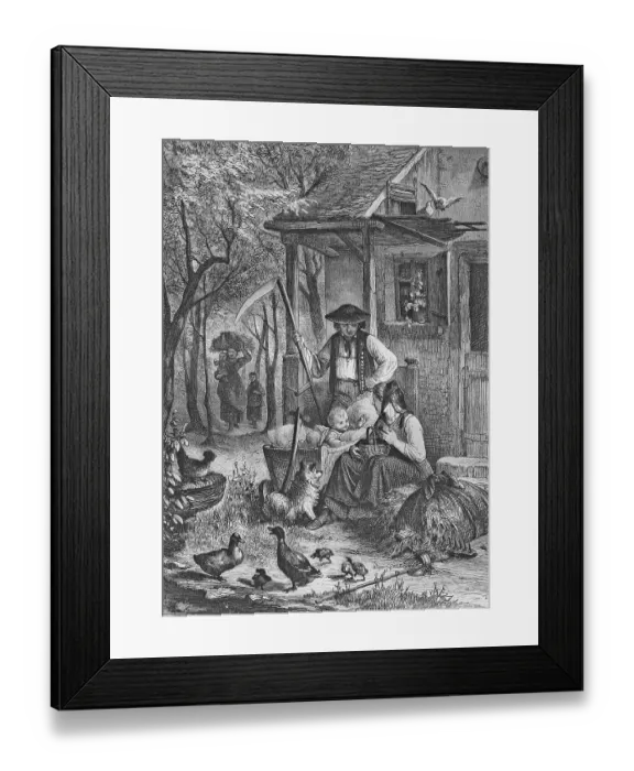 Framed Print : Christian house blessing, historic steel engraving from 1860