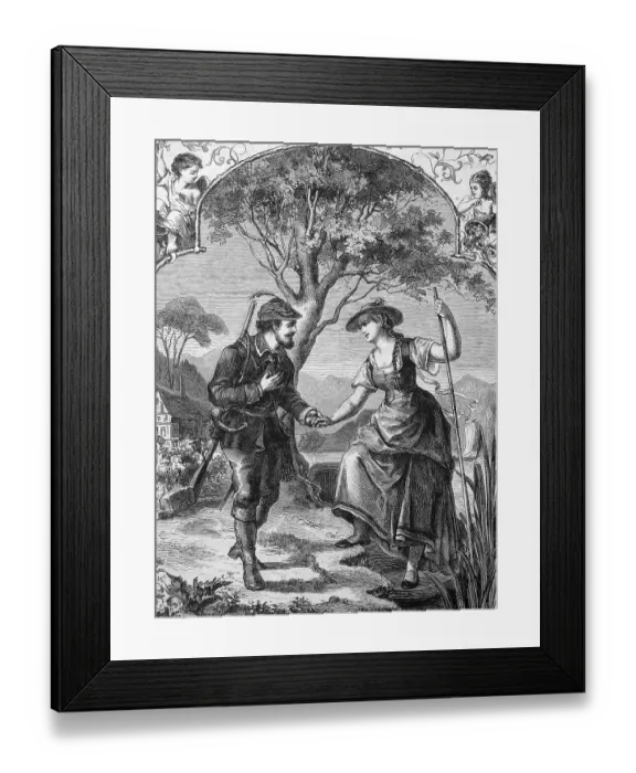 Framed Print : Fisher girl and hunter, historic illustration