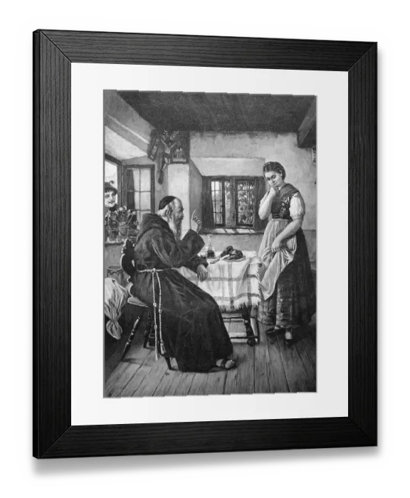 Framed Print : Priest teaching young woman in the farmhouse