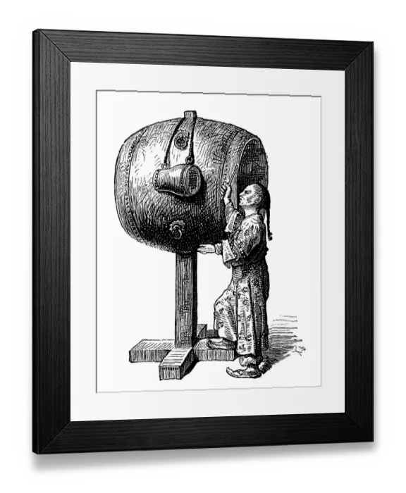 Framed Print : Hiuen Kou, giant Chinese drum, historical picture Framed Print : Hiuen Kou, giant Chinese drum, historical picture