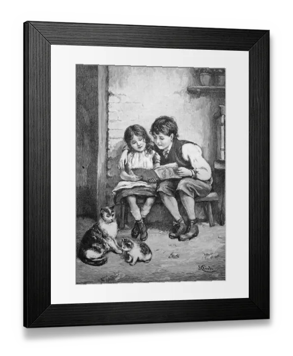 Framed Print : Children reading a book, historical picture Framed Print : Children reading a book, historical picture