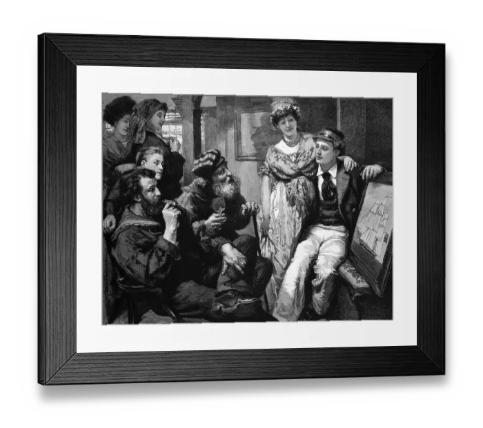 Framed Print : Man presenting to his friends a picture of his ship