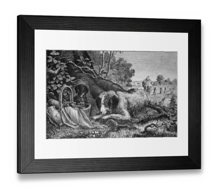 Framed Print : Dog plundering a picnic basket