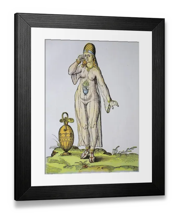 Framed Print : Woman in bathing costume, historical woodcut from the costume book by Jost Amann