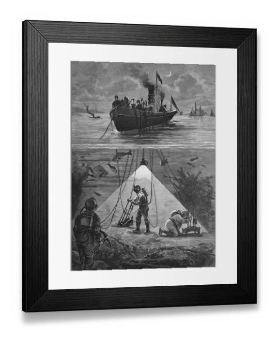 Framed Print : Historical engraving, divers working on the ocean floor with electric light