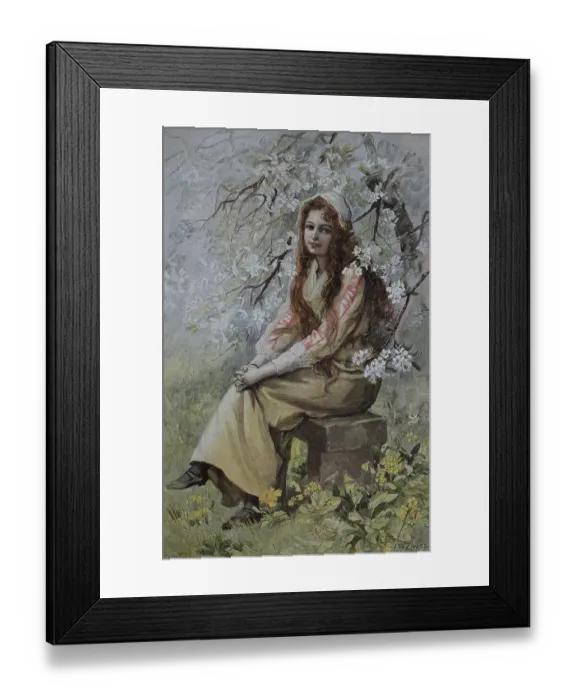 Framed Print : Young woman in the spring, woodcut