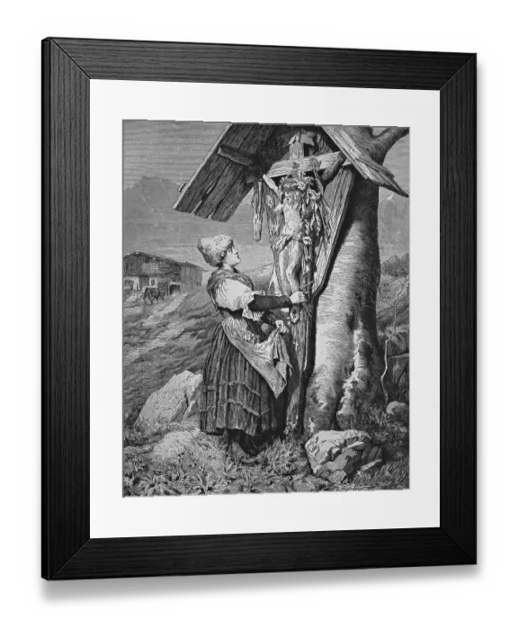 Framed Print : Woman in front of a wayside cross in the Alps Framed Print : Woman in front of a wayside cross in the Alps