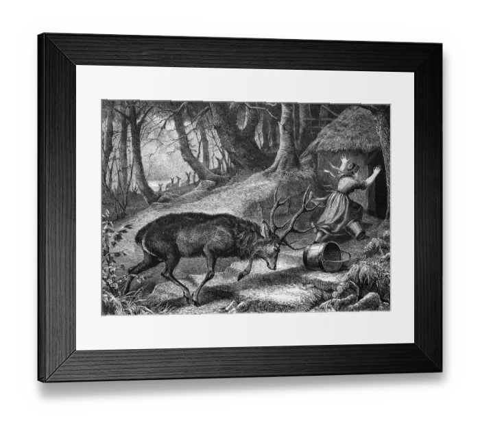 Framed Print : Deer attacking a farmer, historical engraving Framed Print : Deer attacking a farmer, historical engraving