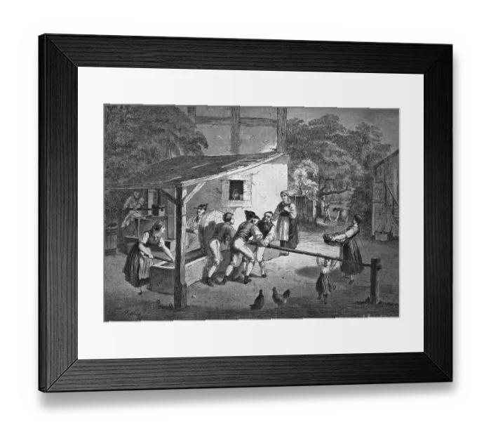 Framed Print : Men working on a must press in Swabia Framed Print : Men working on a must press in Swabia
