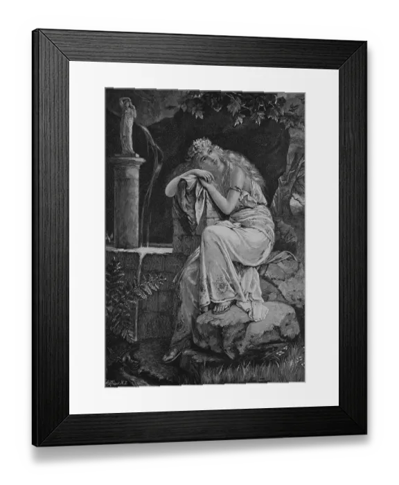 Framed Print : Young woman sitting beside a fountain daydreaming