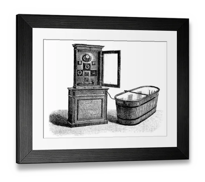 Framed Print : Hydroelectric bathroom cabinet with battery and power regulation equipment