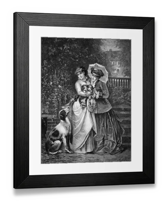 Framed Print : Women with puppies, historical engraving of 1883