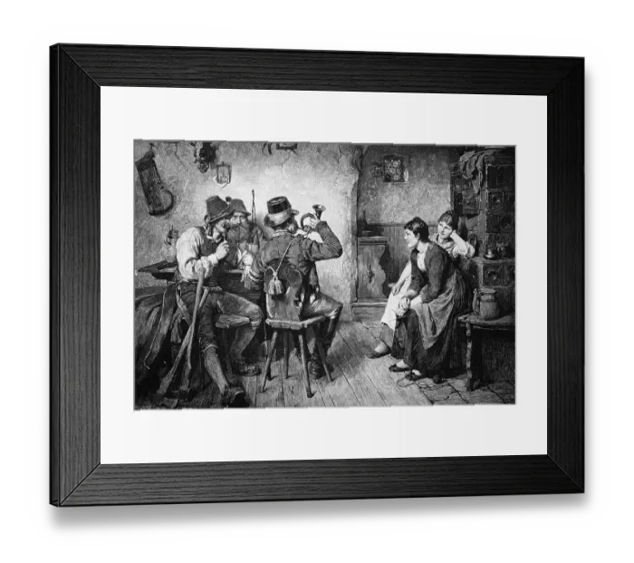 Framed Print : Man blowing a hunter's horn in an inn
