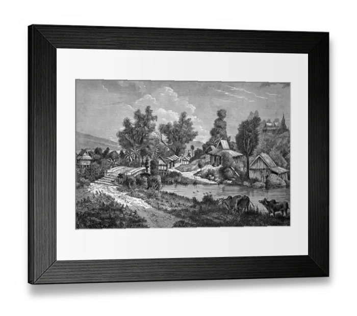 Framed Print : Village scene in Cambodia, historical illustration Framed Print : Village scene in Cambodia, historical illustration