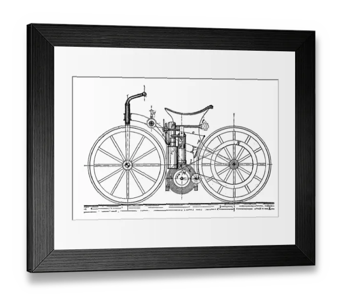 Framed Print : Construction plan of the Sitzrad motorcycle with a daimler engine