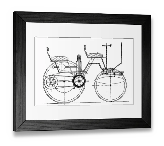 Framed Print : Construction plan of a car with a daimler engine
