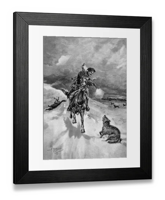 Framed Print : Russian postman being attacked by wolves